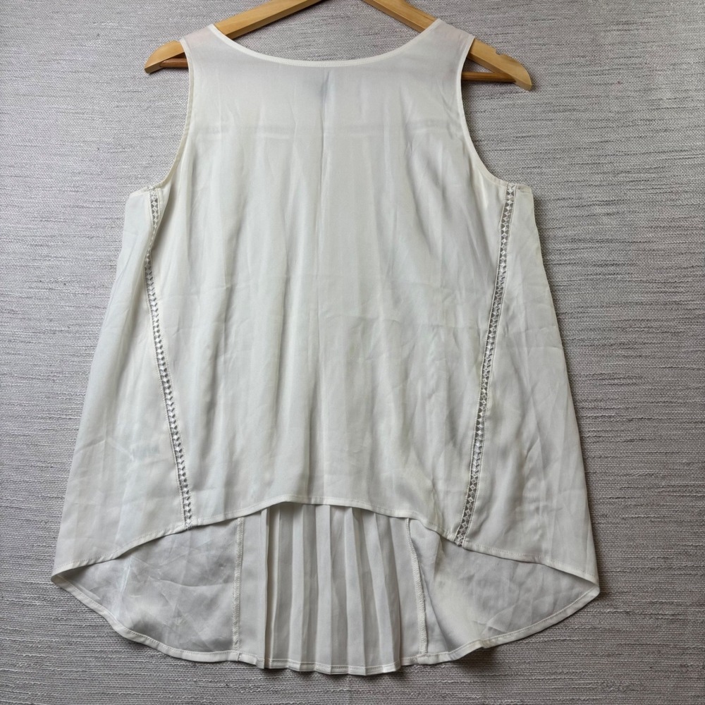 Ann Taylor Ivory Pleated Sleeveless Blouse Ladder Lace Trim High Low Top Small